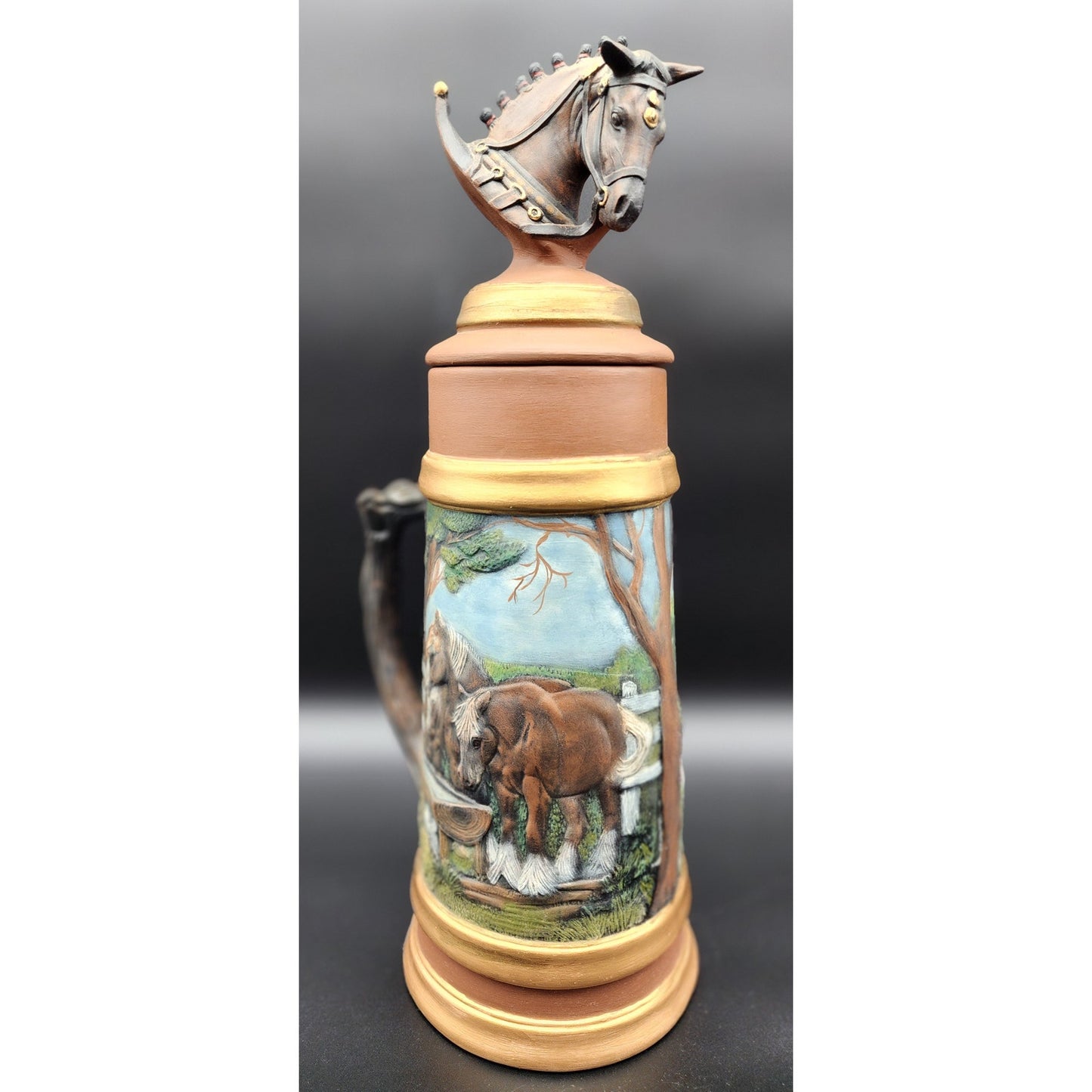 Vintage 18.5" German Horse Head Lidded Beer Stein Raised Relief Hand Painted