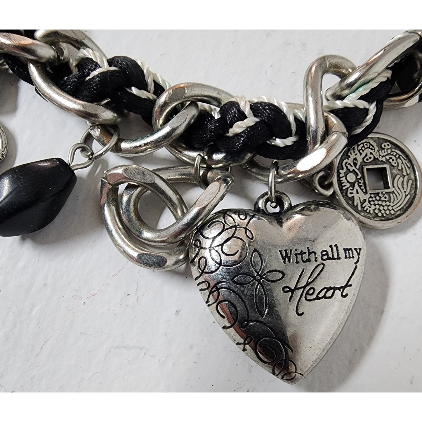 Vintage Charm Necklace w/ Heart Amulet Luke 10:27 & Cross – Unique Design