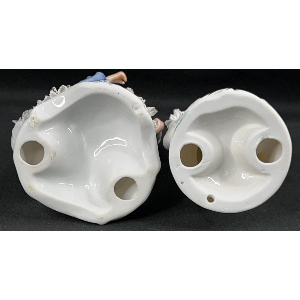 Victorian Style Blue White Porcelain Figurine Pair w/ Gold Accents Hand Painted