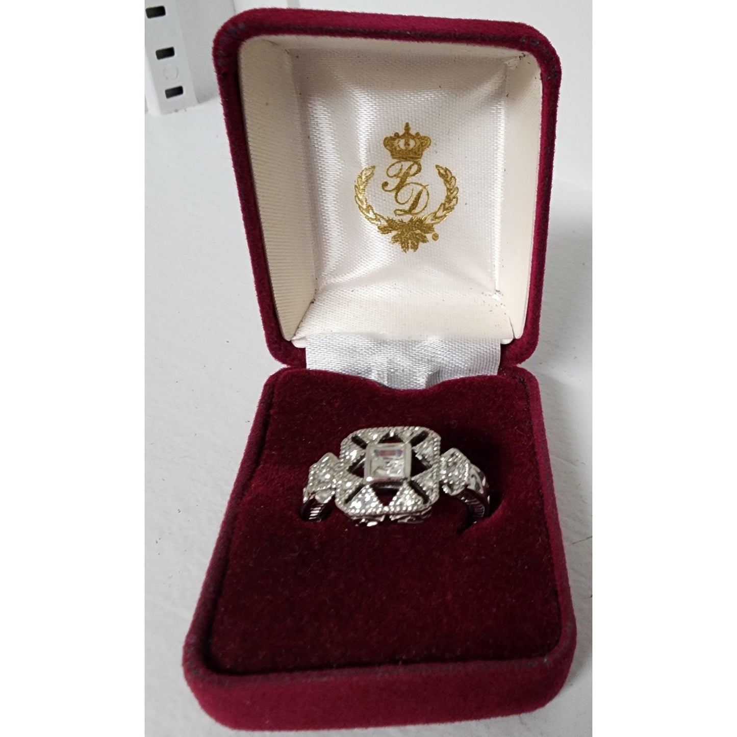 Vintage Silver Ring Size 9.75 w/ Box – Square Cut Clear Stone & Filigree Design