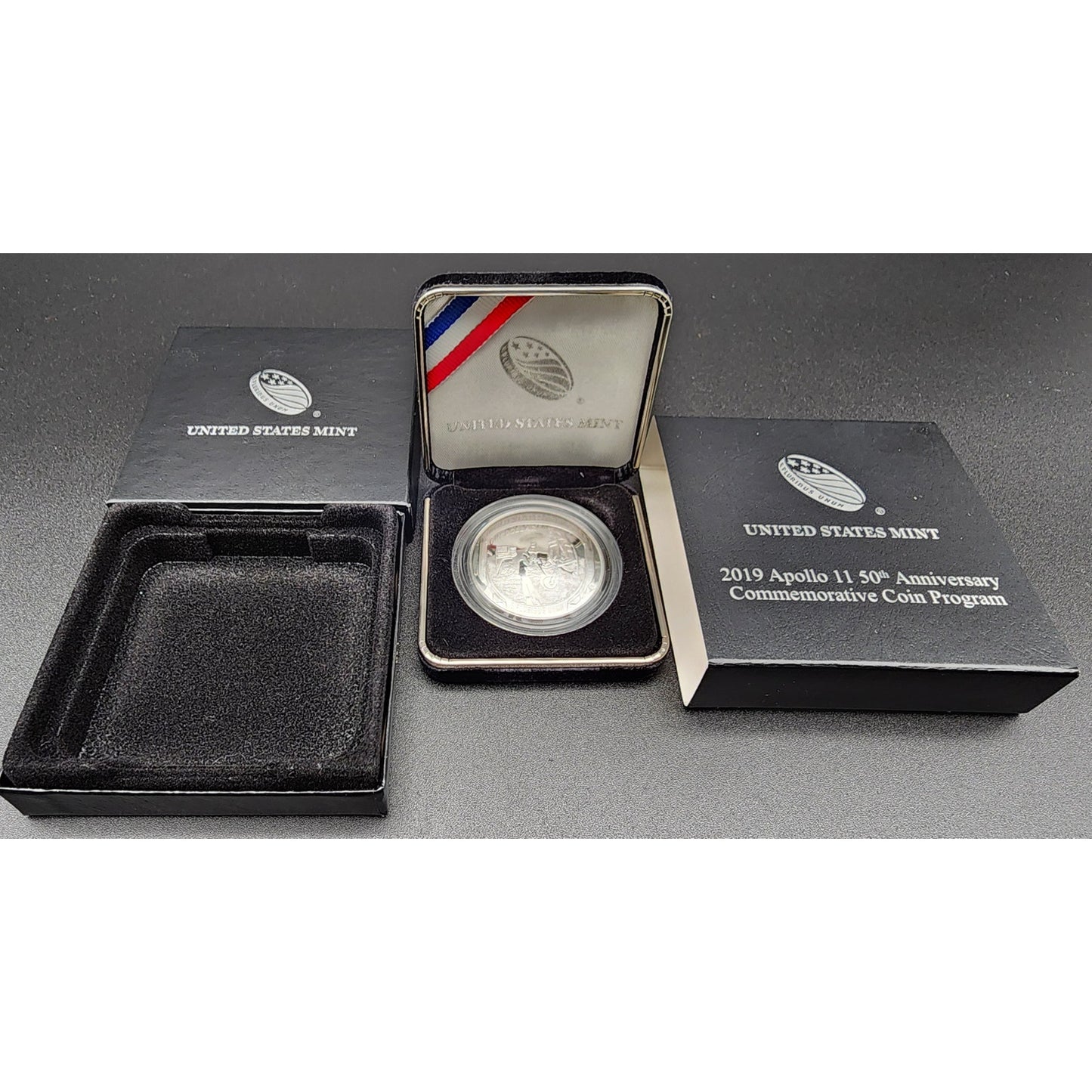 Apollo 11 50th Anniversary 5oz, 1oz + Half Dollar Proof Sets with OGP & CoAs with 1967 Newsweek, Man on the Moon Stamps, 50th Anniversary Embroidered Patches