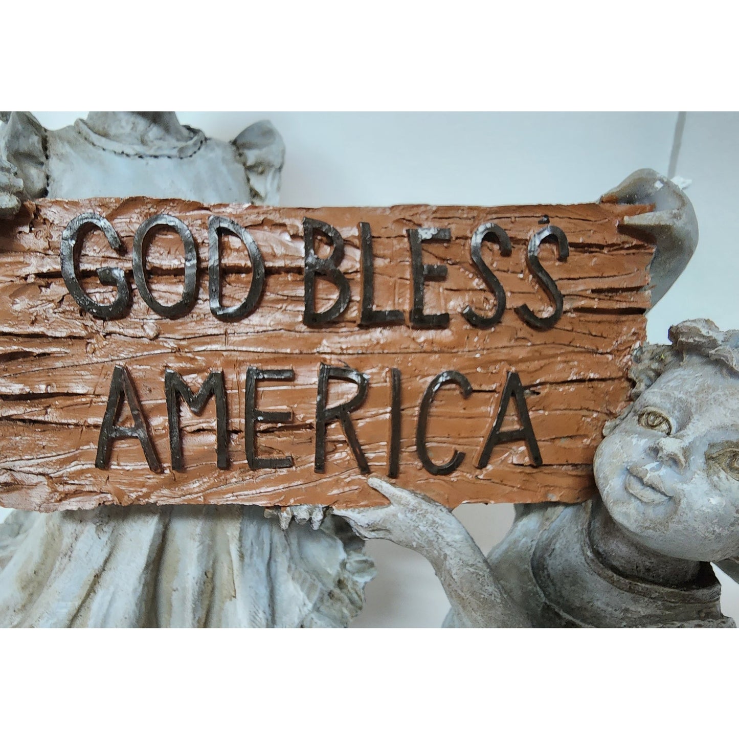 Vintage Resin Children Figurine Holding “God Bless America” Sign 11.5" Patriotic