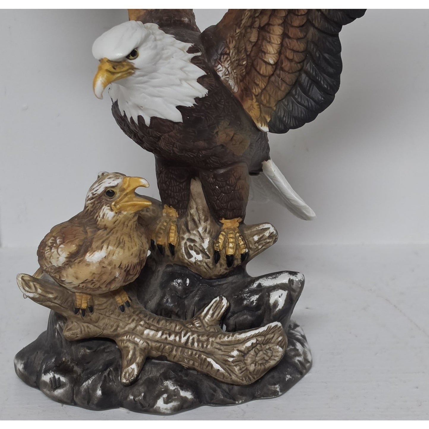 Vintage Taiwan Hand Painted Eagle & Fledgling Porcelain Figurine 8.5"