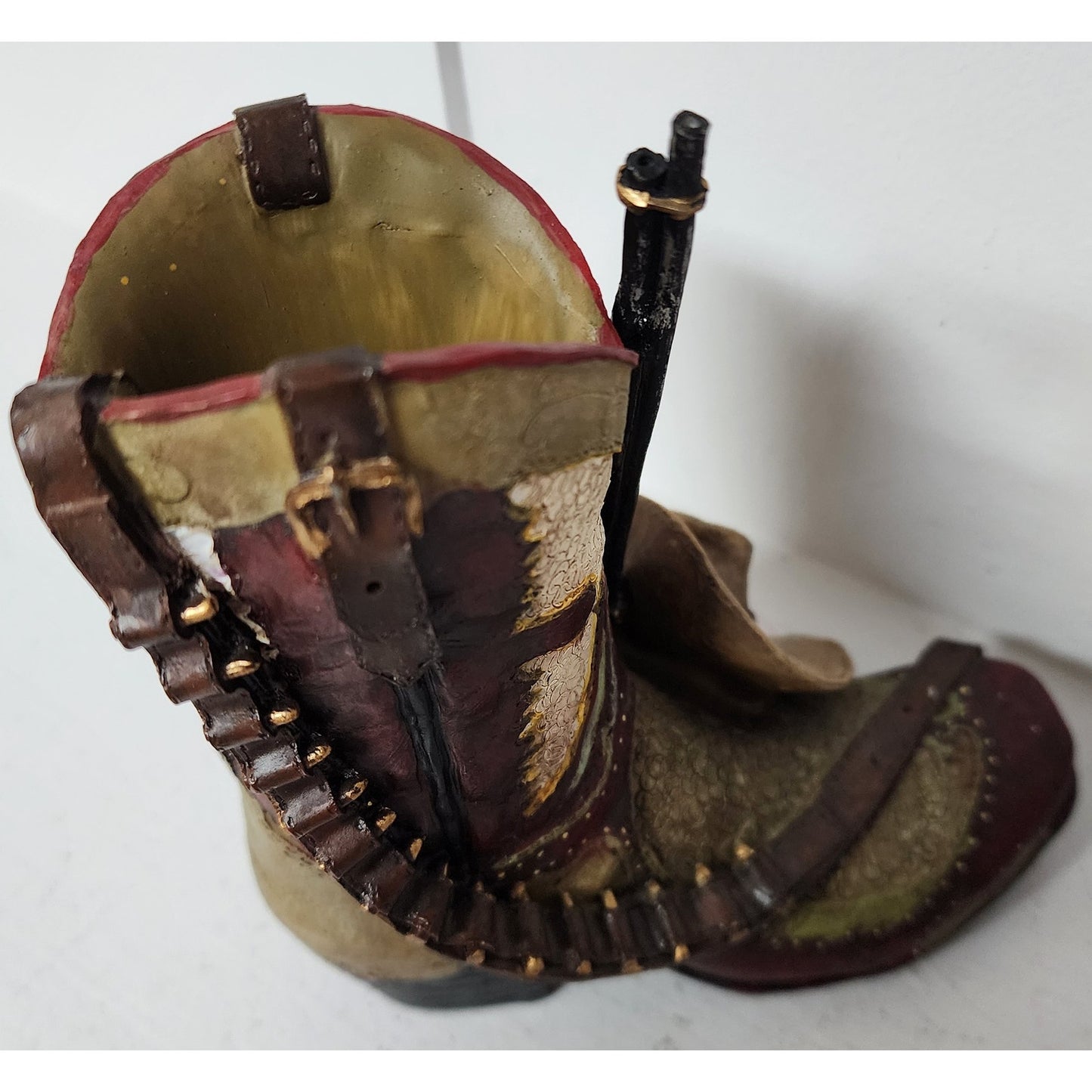 Vintage Handpainted Western Boot Figurine w/ Hat & Rifle Resin Hand Painted 5.5"