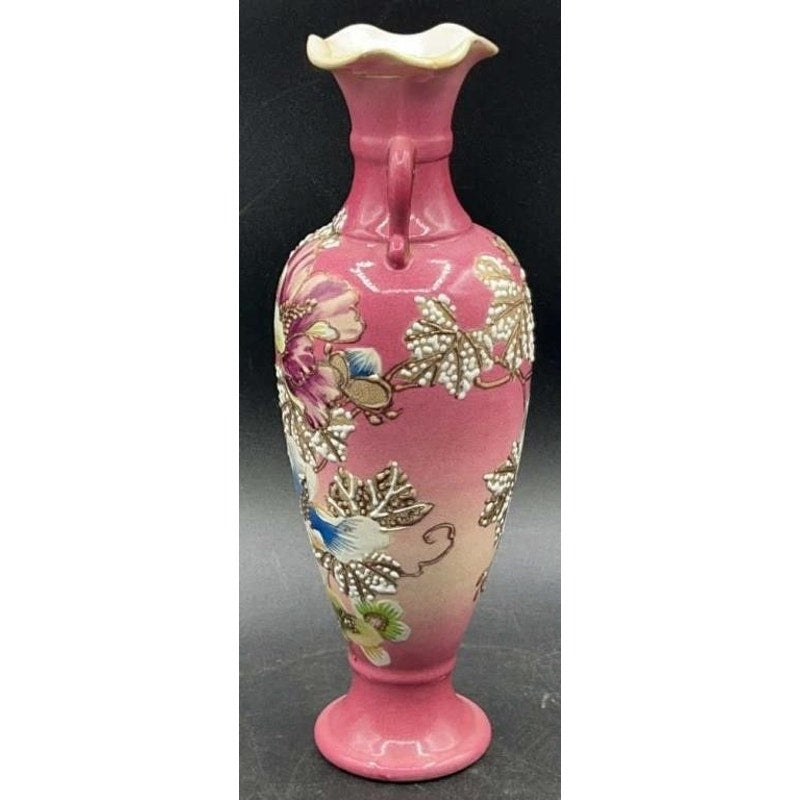 Victorian Pink Pottery Vase 9.5" – Embossed Floral, Handles, Repaired Chip