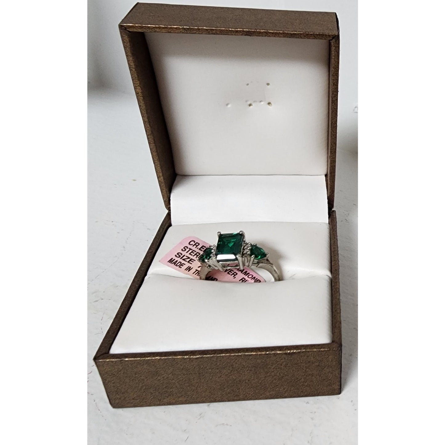 Vintage Sterling Silver Ring w/ Cr Emeralds & Mini Diamonds Size 7 w/ Box