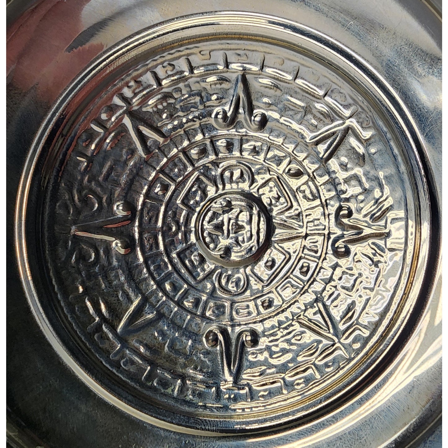 Vintage Mayan Calendar Plate – Alpaca Silver & Abalone Shell – Mexico Aztec Art