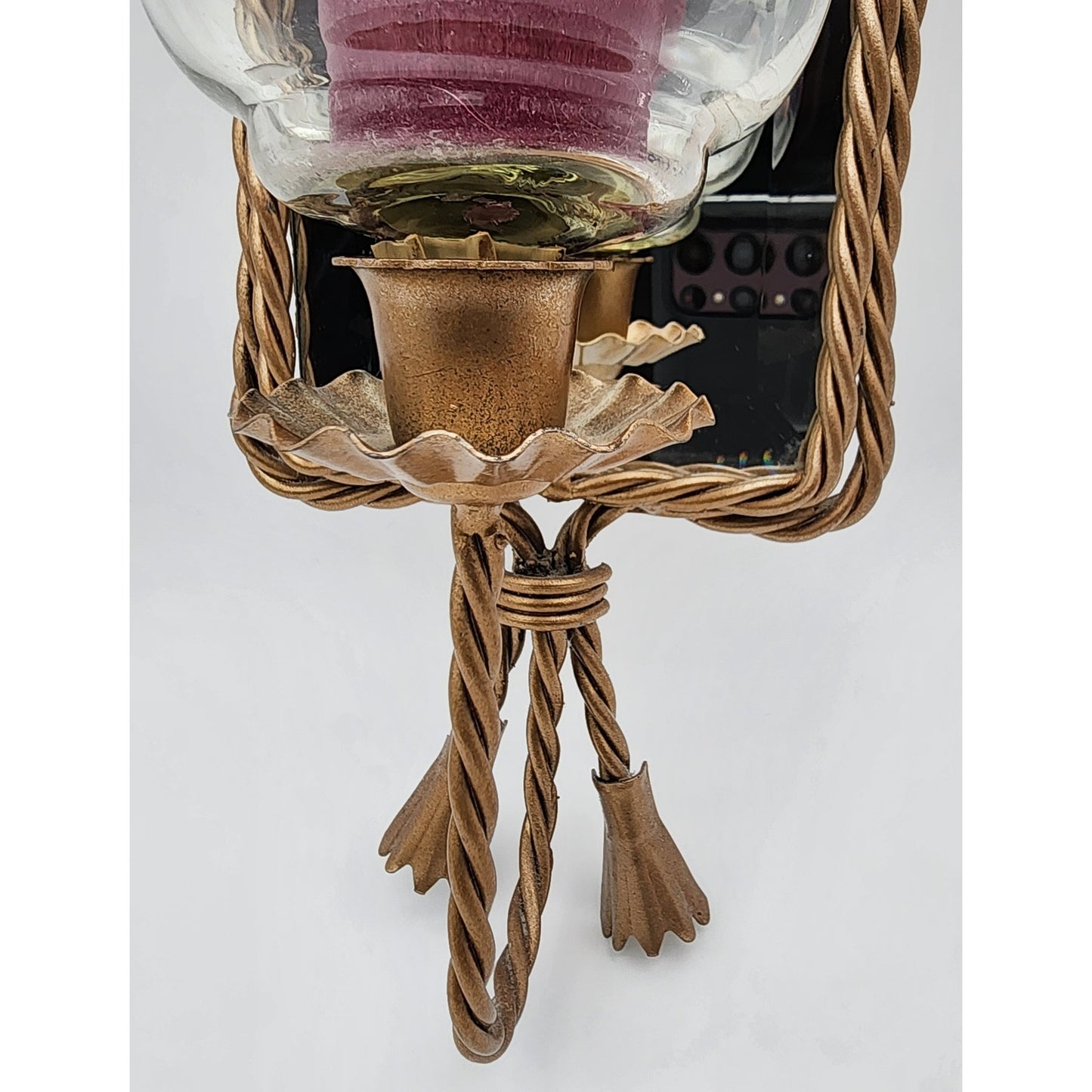 Antique Gold Wall Mirror Candle Holder – Etched Glass Hurricane w/ Purple Candle