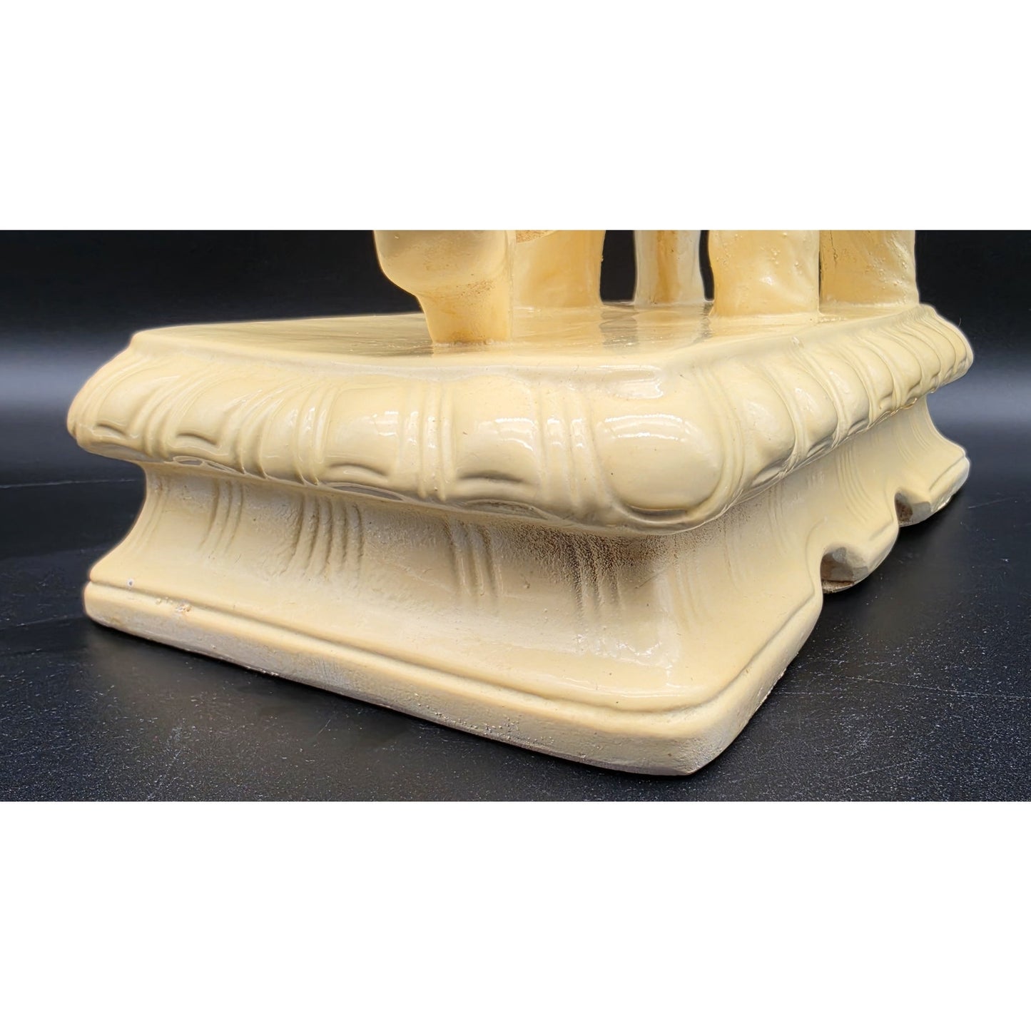 Vintage Pale Yellow Alabaster Boy Sculpture on Rustic Bench 18.5" 11 lbs