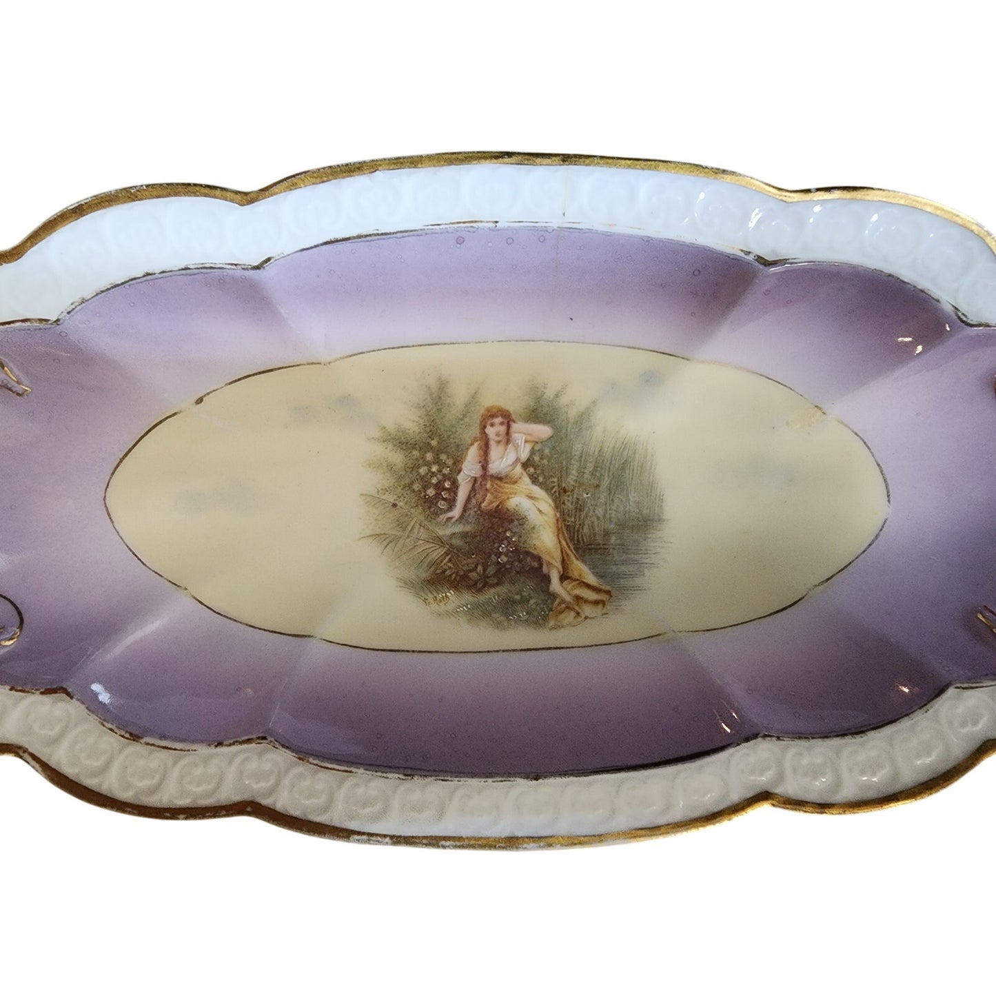 VTG R.C. Carmen Bavaria Oval Nut Tray  Lady Scene  Gold Rim Scalloped 9"