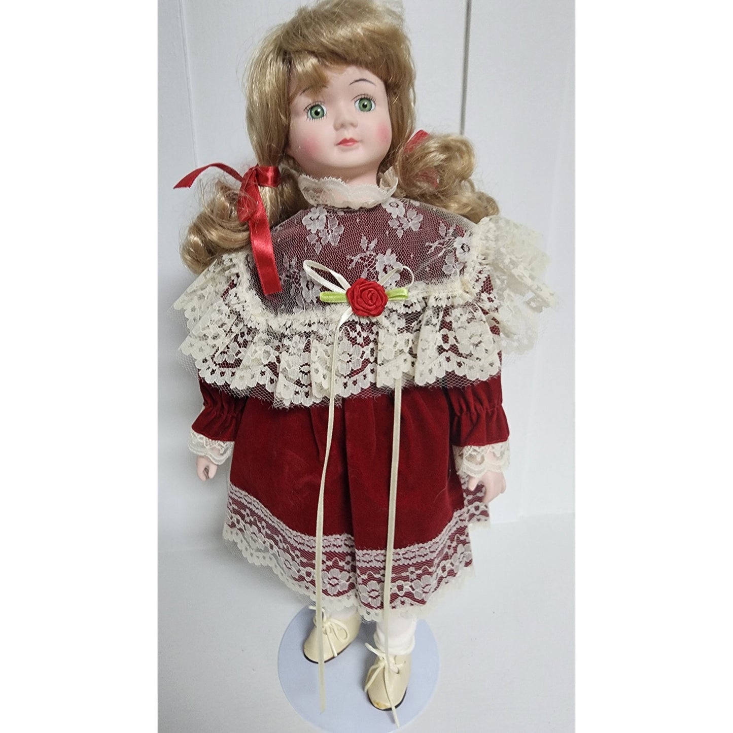 Vintage Tender Hearts Porcelain Doll No. 594 Red Velvet Lace Dress w/ Stand