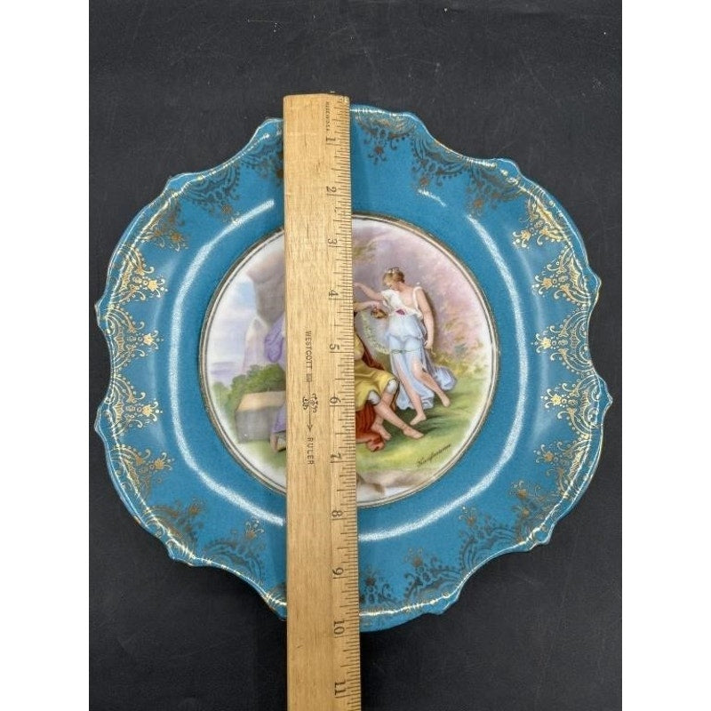 Victoria Austria Sevres Style Kaufmann Watteau Scene Plate 10" Celeste Blue 22K Gold