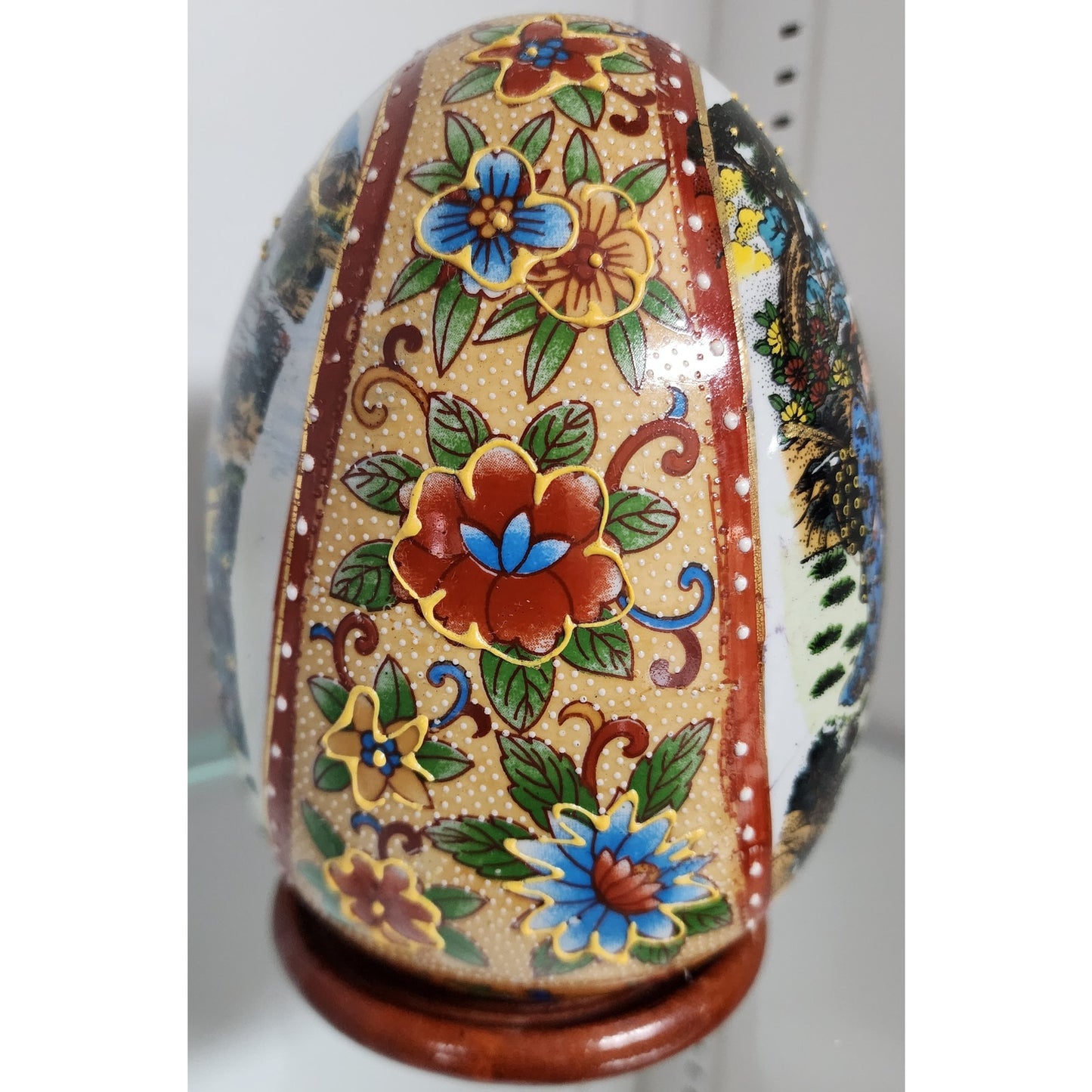 Japanese Porcelain Egg w/ Geisha Garden Scene Gold Gilt Raised Relief -Wood Base