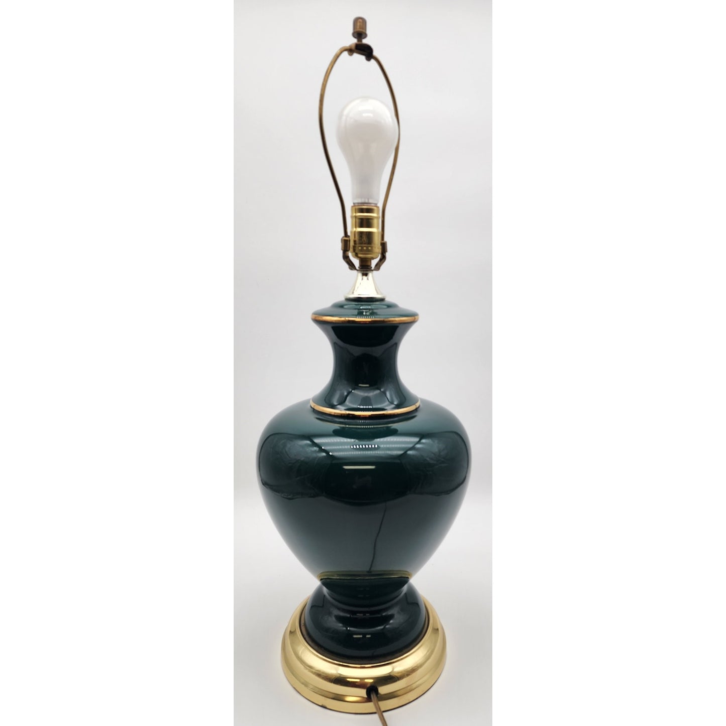 Vintage Forest Green Ceramic Lamp & Shade 30.25"H w/22K Gold Floral 3Way Switch