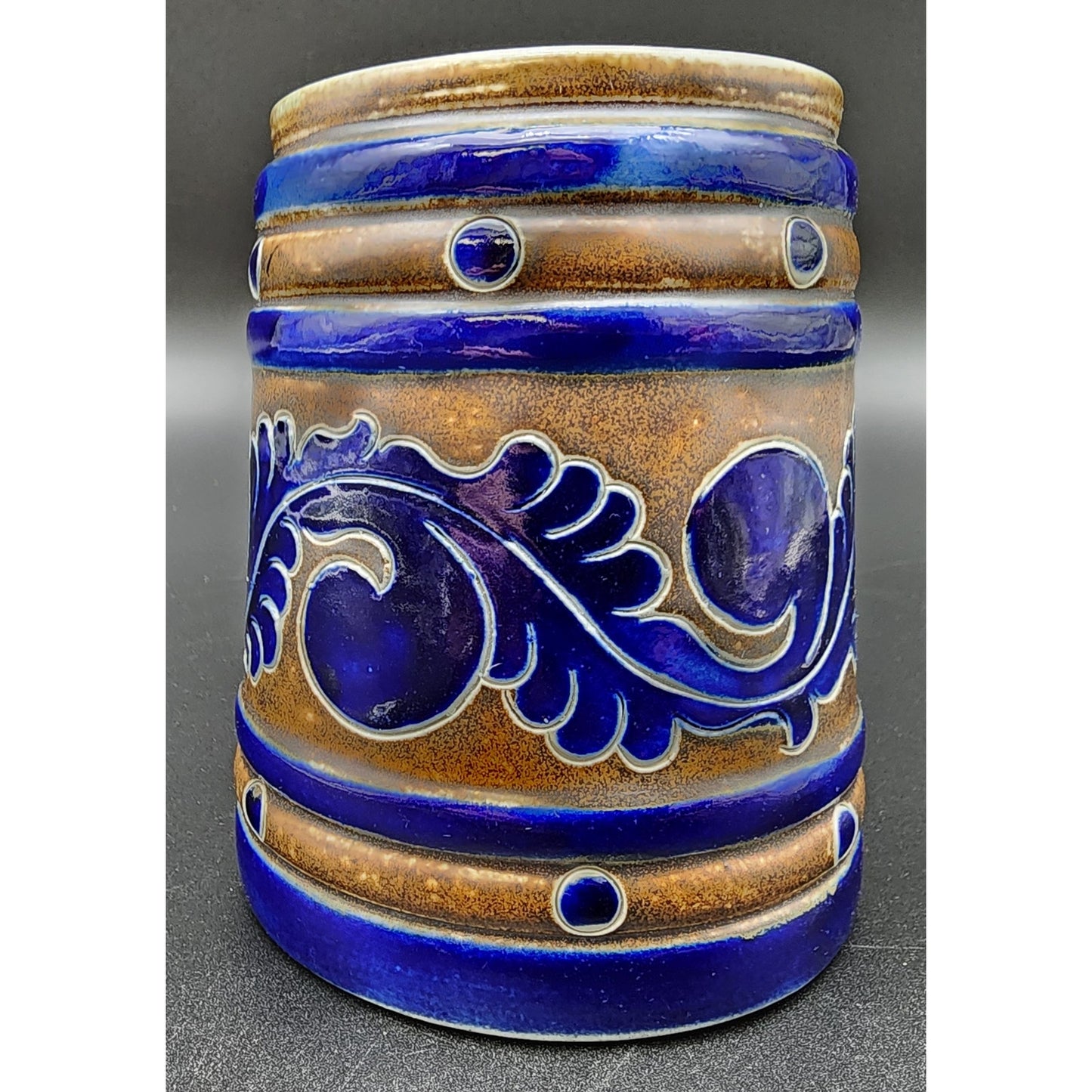 Vintage Goebel Merkelbach Stoneware Mug Cobalt Blue Salt Glaze Raised Design