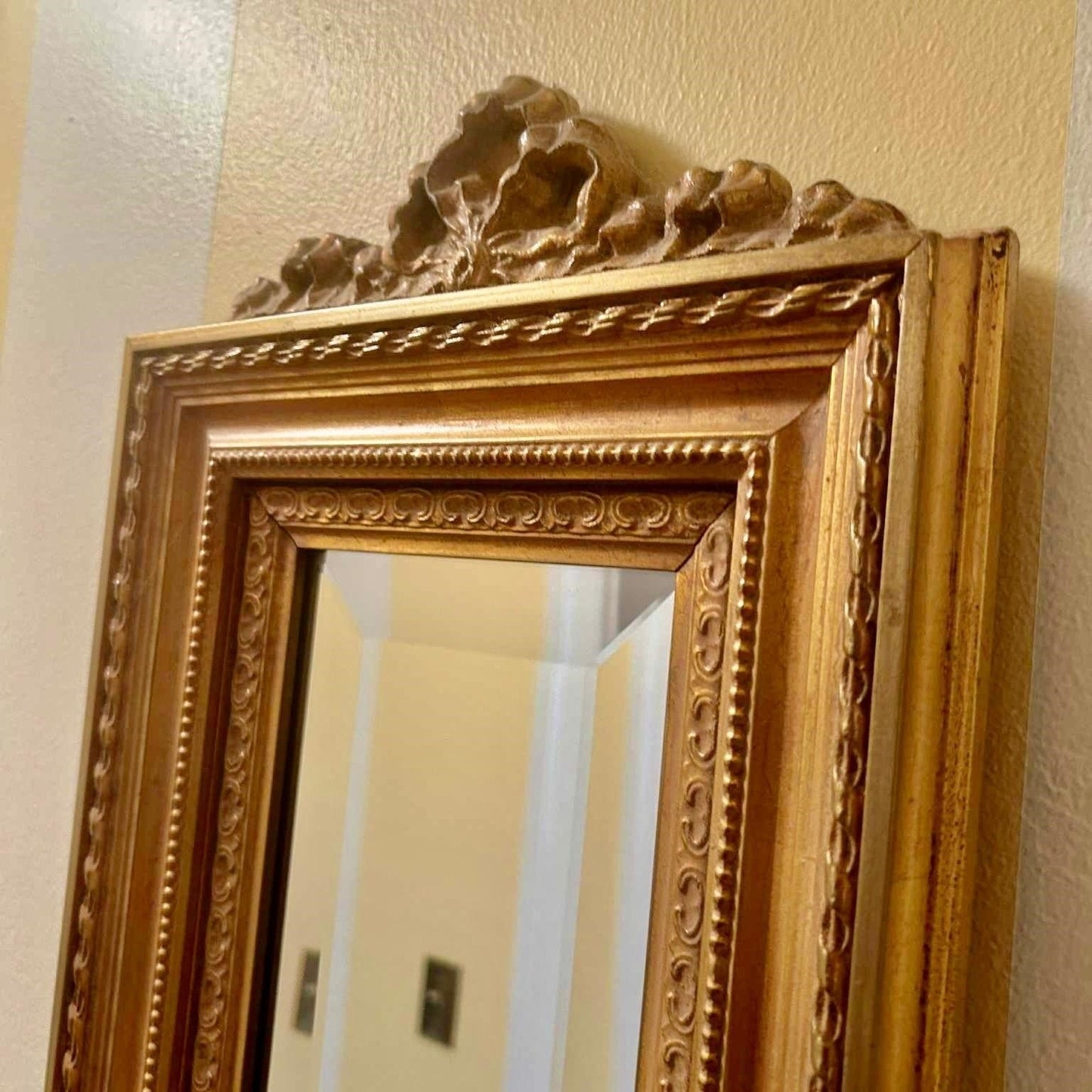 Vintage Beveled Glass Mirror – Ornate Gold Wood Frame, 44” Tall Elegant Design