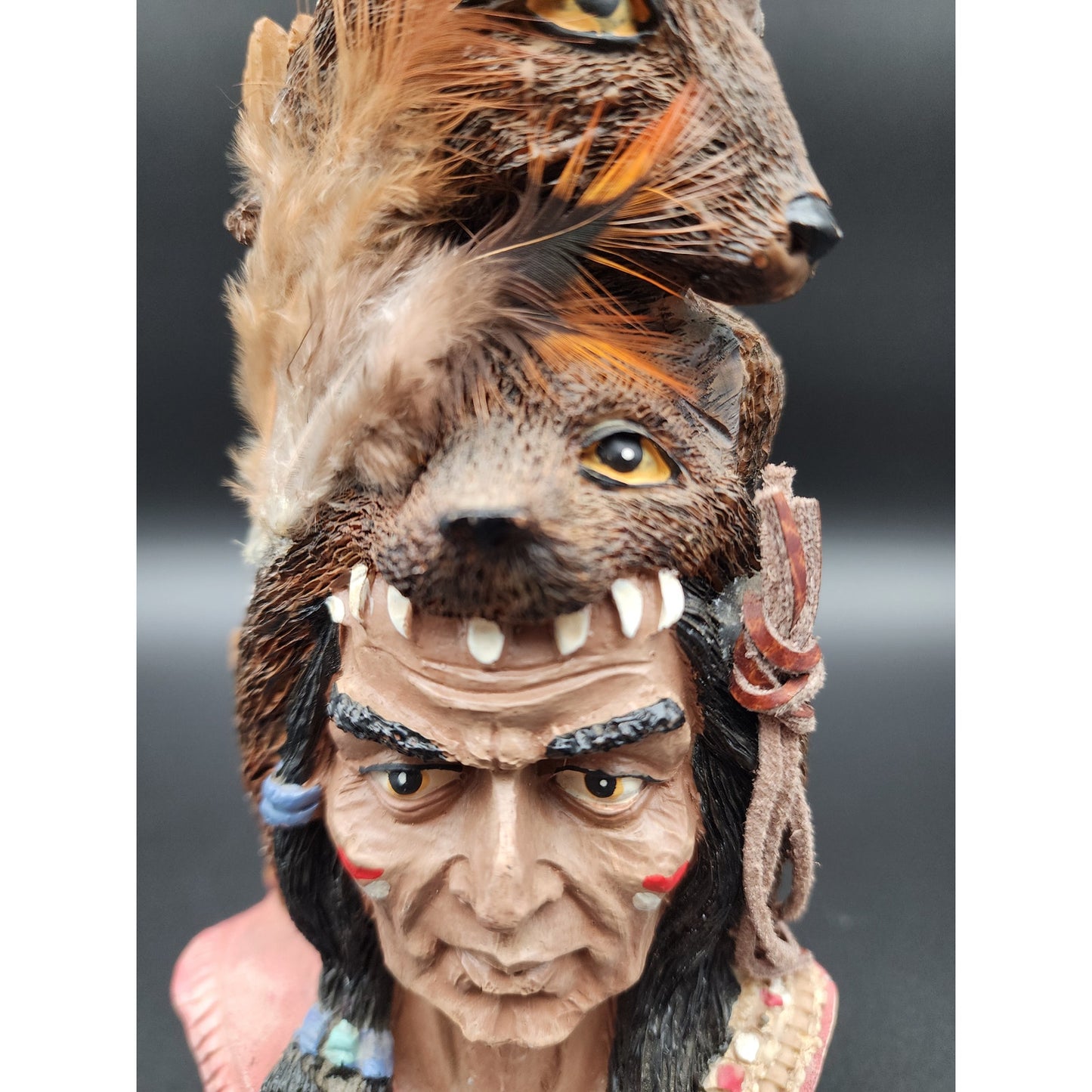 Native American Warrior Figurine w/ Wolf Fox Headdress Feathers Resin 10”
