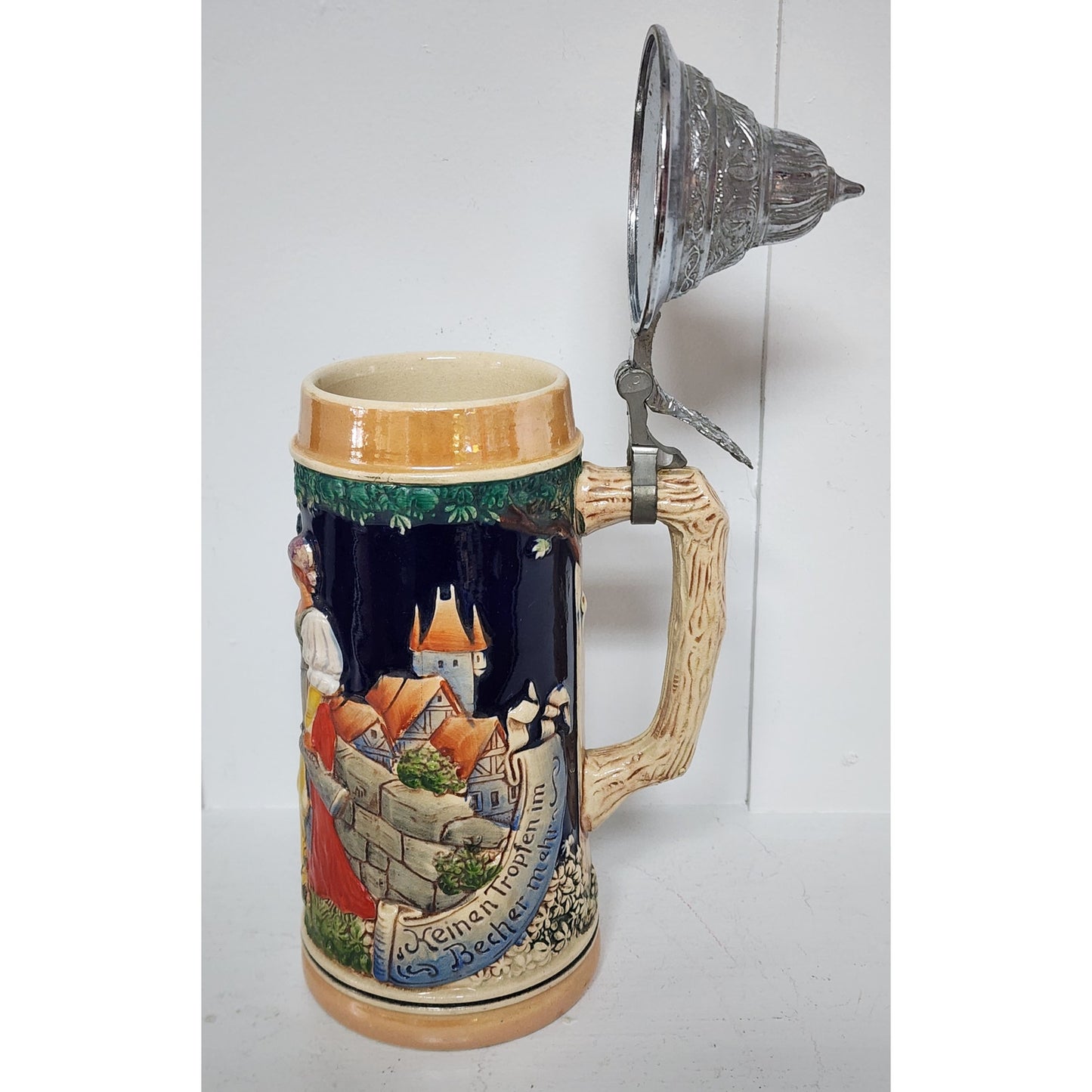 Vintage German Beer Stein Pewter Lid Hand Painted Relief 9.5" Heavy Ceramic