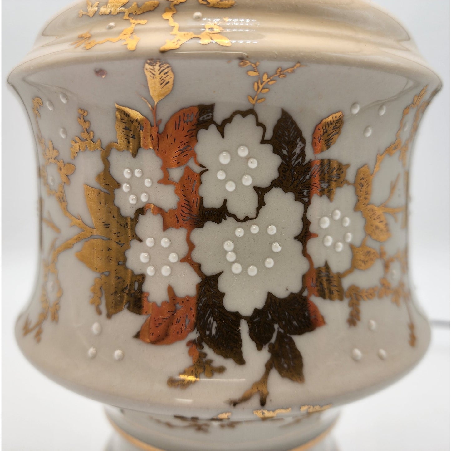 Vintage Asian Ceramic Lamp Gold Floral Relief w/ Tassel Shade 31" Tall Works