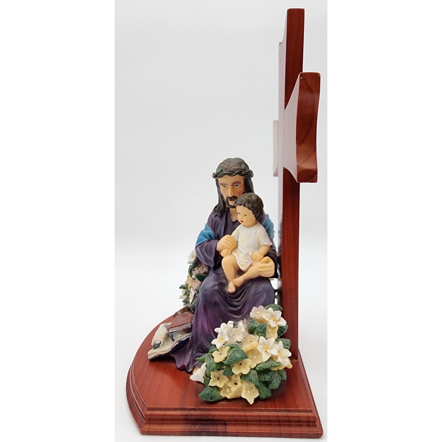 Jesus & Child Figurine w/ Cross, Violin, Books – 12.25" Hand Painted Wood Base