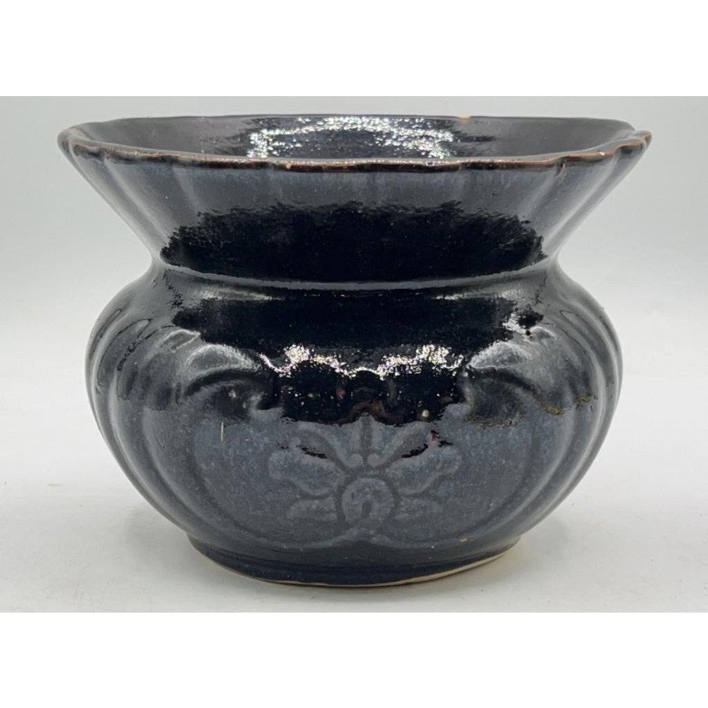 VTG Glazed Stoneware Spittoon Floral Pattern 7" Dark Glaze w/ Repair