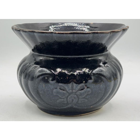 VTG Glazed Stoneware Spittoon Floral Pattern 7" Dark Glaze w/ Repair