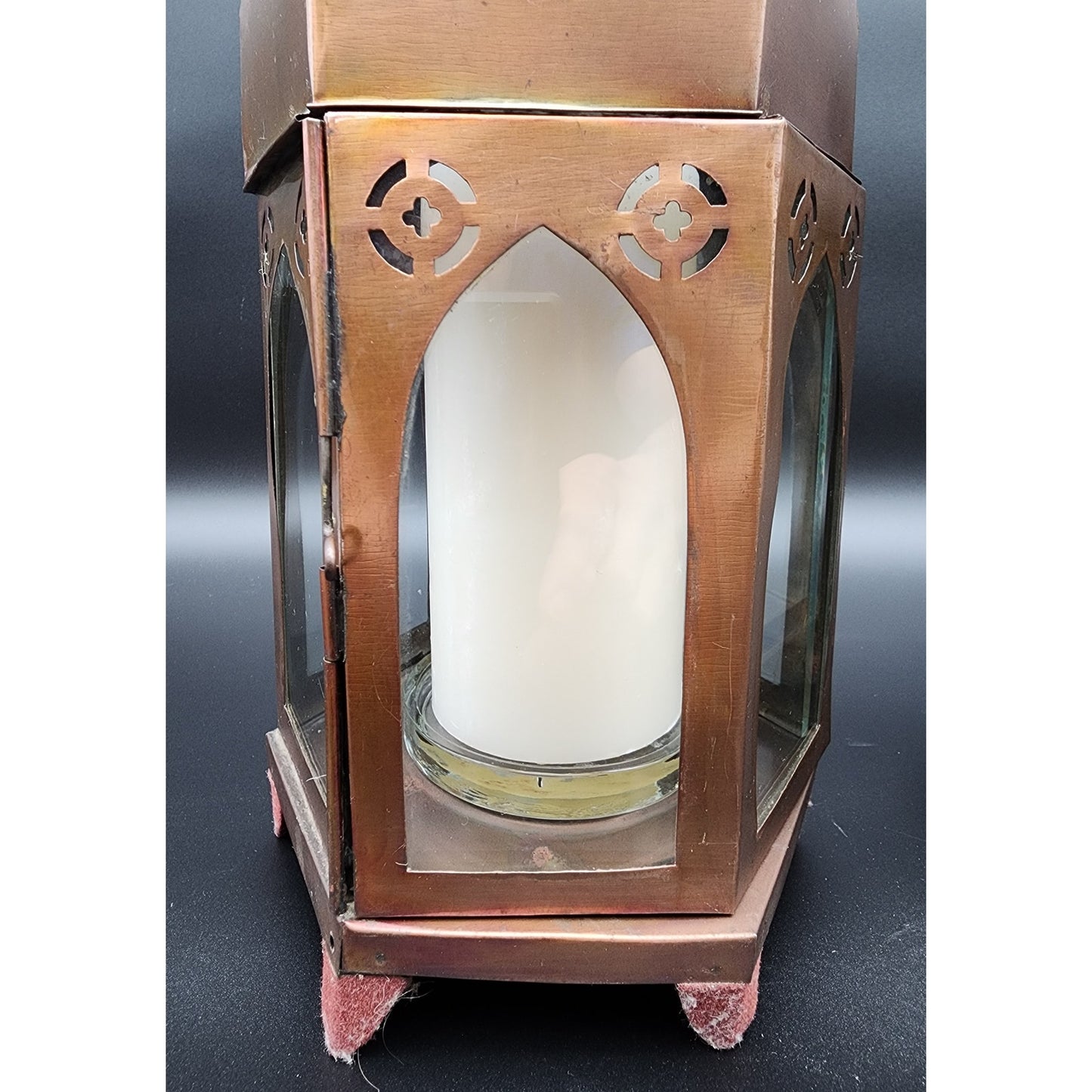 Pair Bronze Hexagon Metal Candle Lanterns w/ Glass Panels & Candles 18.5"