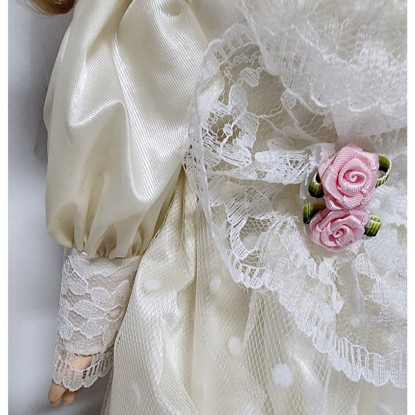 Vintage 16" Lazarus Porcelain Doll “Sarah” w/ Stand & Box – Bridal Gown