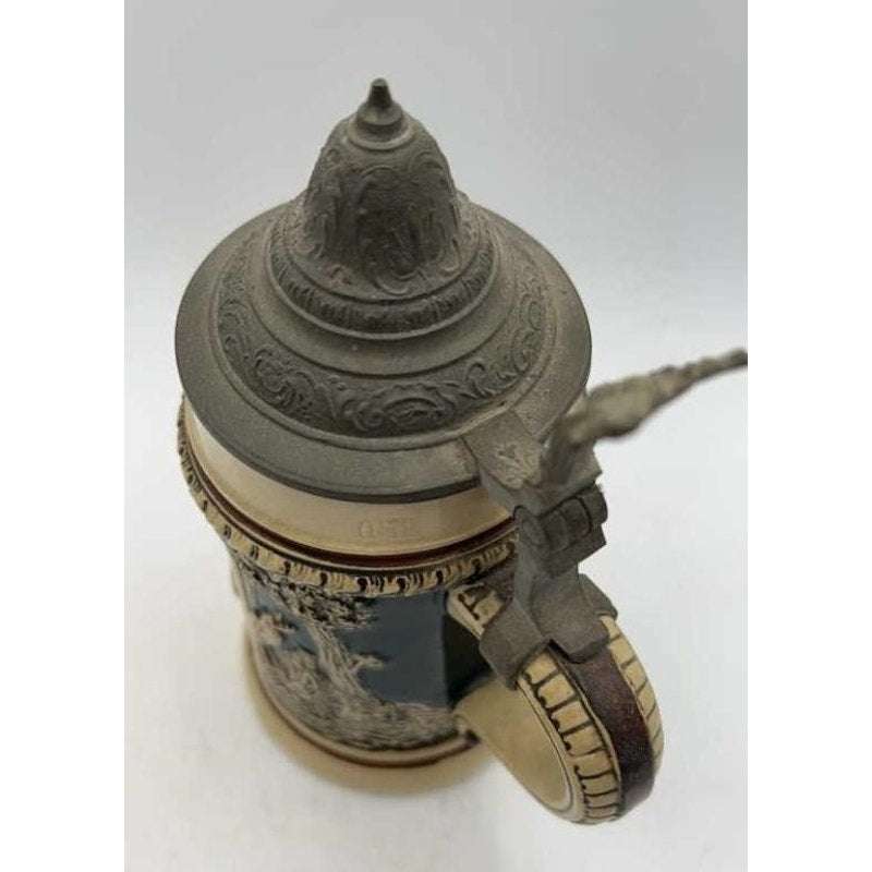 VTG German Beer Stein 0.5L Pewter Lid Relief Scene Marked 1005 Bavaria Style