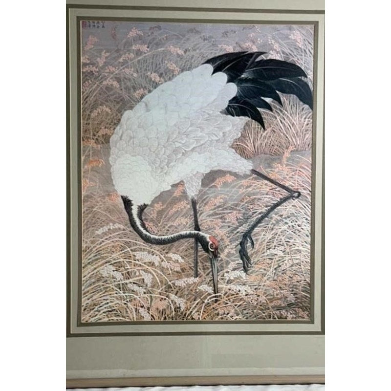 Vintage Japanese Crane Artwork Framed & Matted 33x39" Rice Field Scene