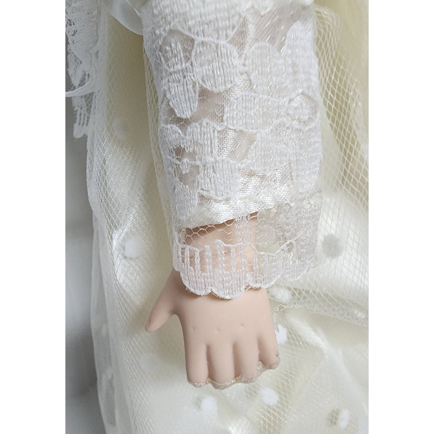 Vintage 16" Lazarus Porcelain Doll “Sarah” w/ Stand & Box – Bridal Gown