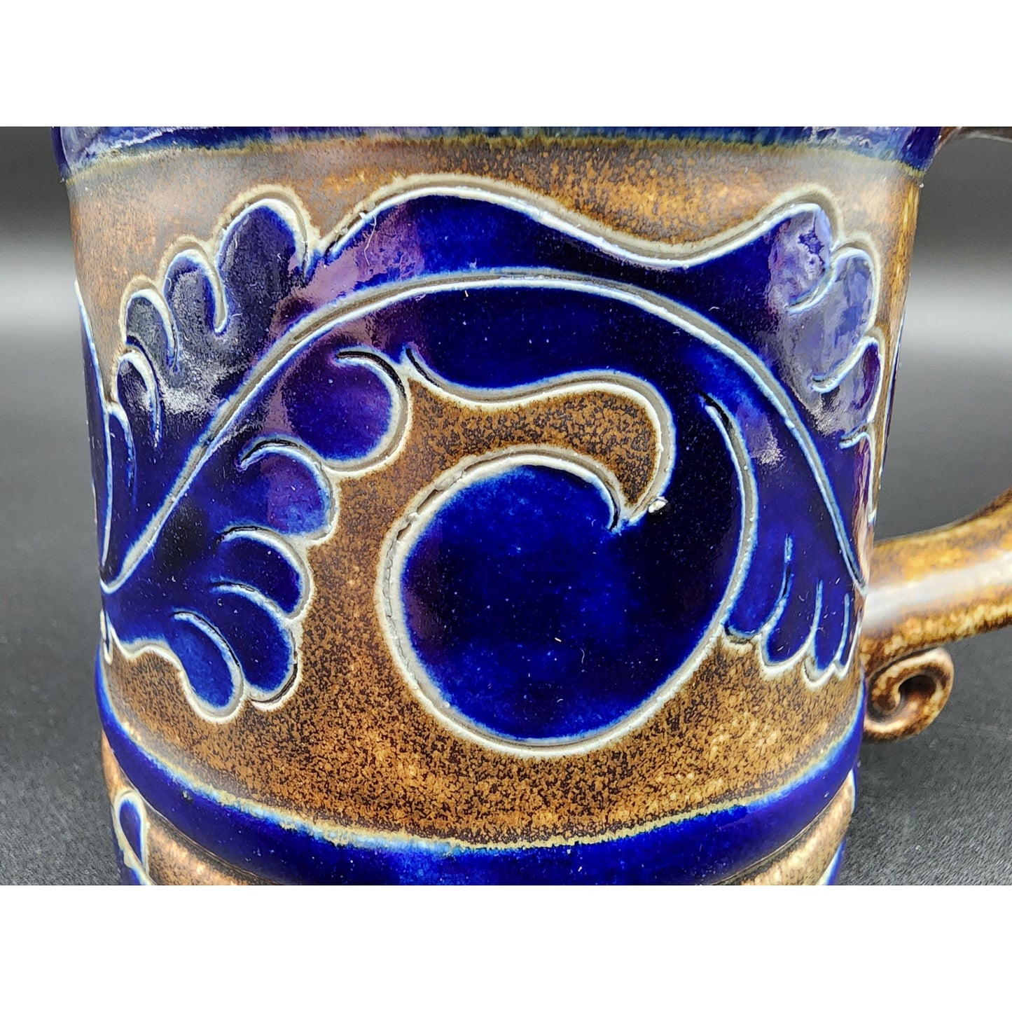 Vintage Goebel Merkelbach Stoneware Mug Cobalt Blue Salt Glaze Raised Design
