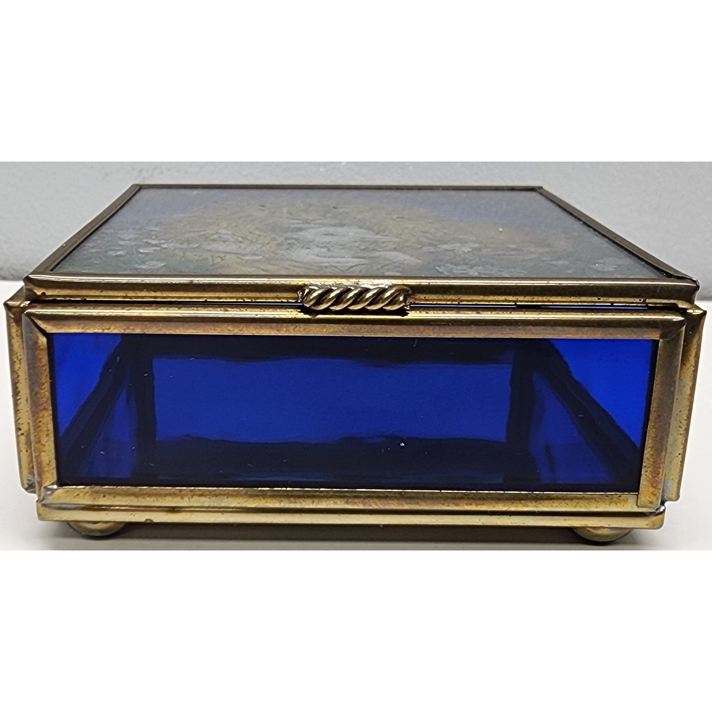 Vintage Lion & Lamb Jewelry Box – Cobalt Glass, Mirror, Via Vermont Mexico 1995