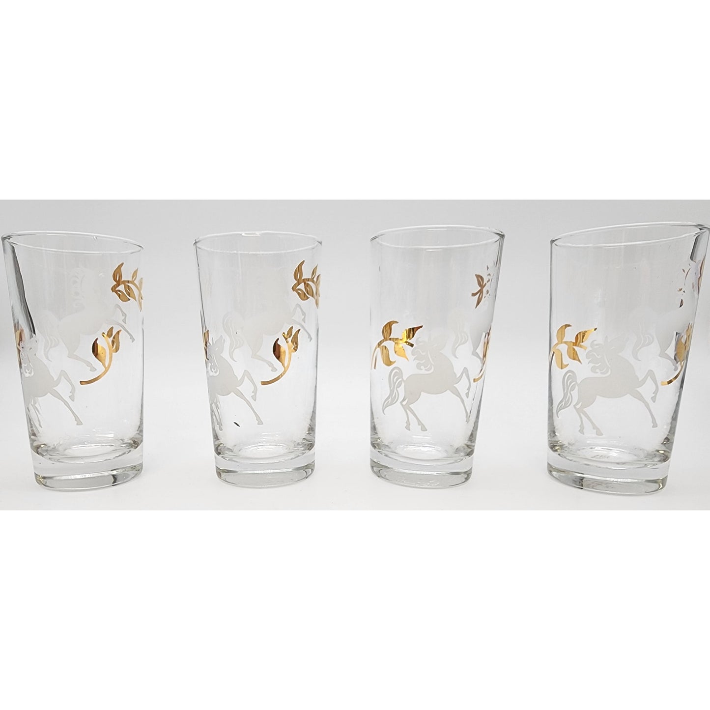 Libbey Prancing Colts Tumblers Set of 4 22K Gold Frosted Horses 1960s Vintage