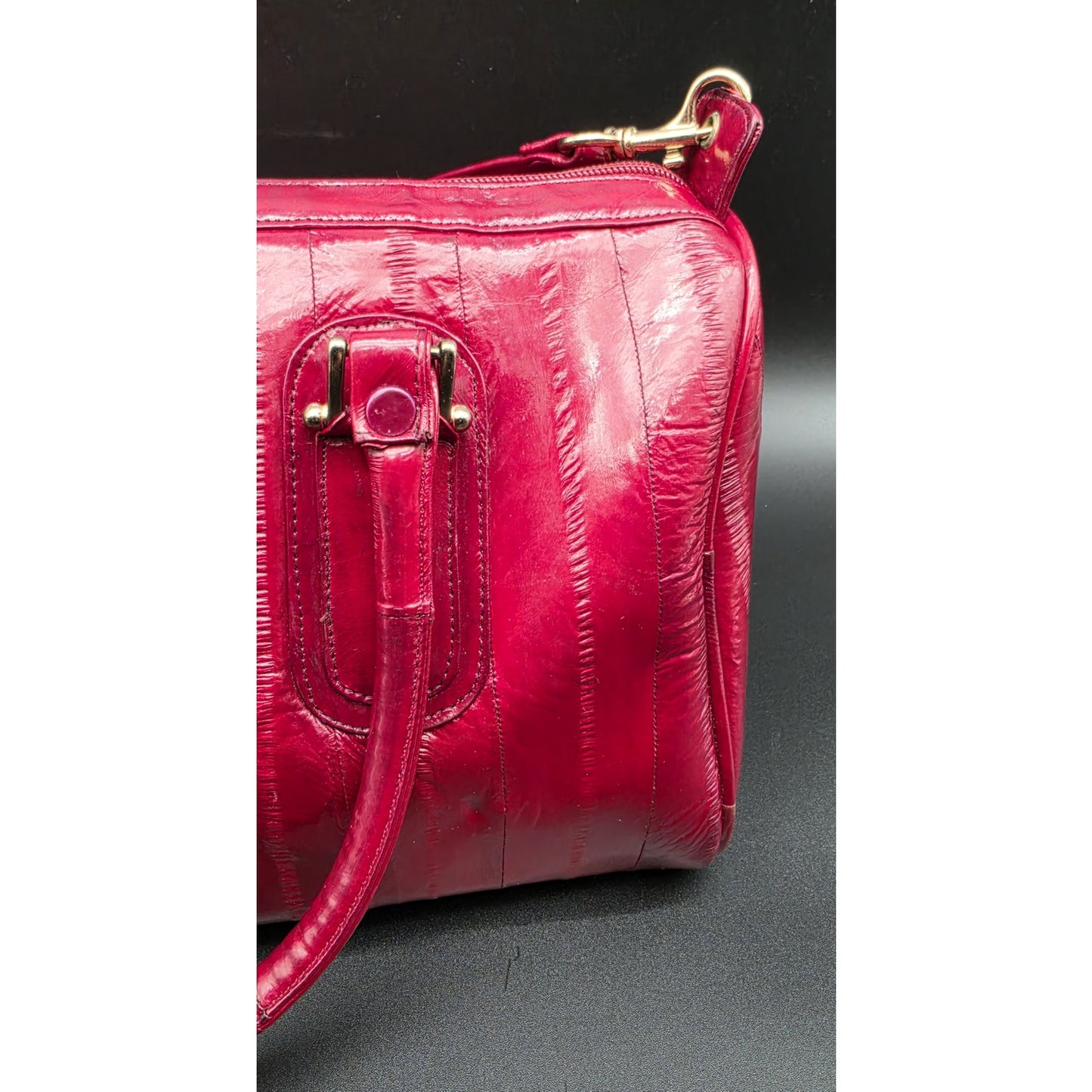 Vintage Genuine Eel Skin Burgundy Handbag Korea w/ Strap & Brass Hardware