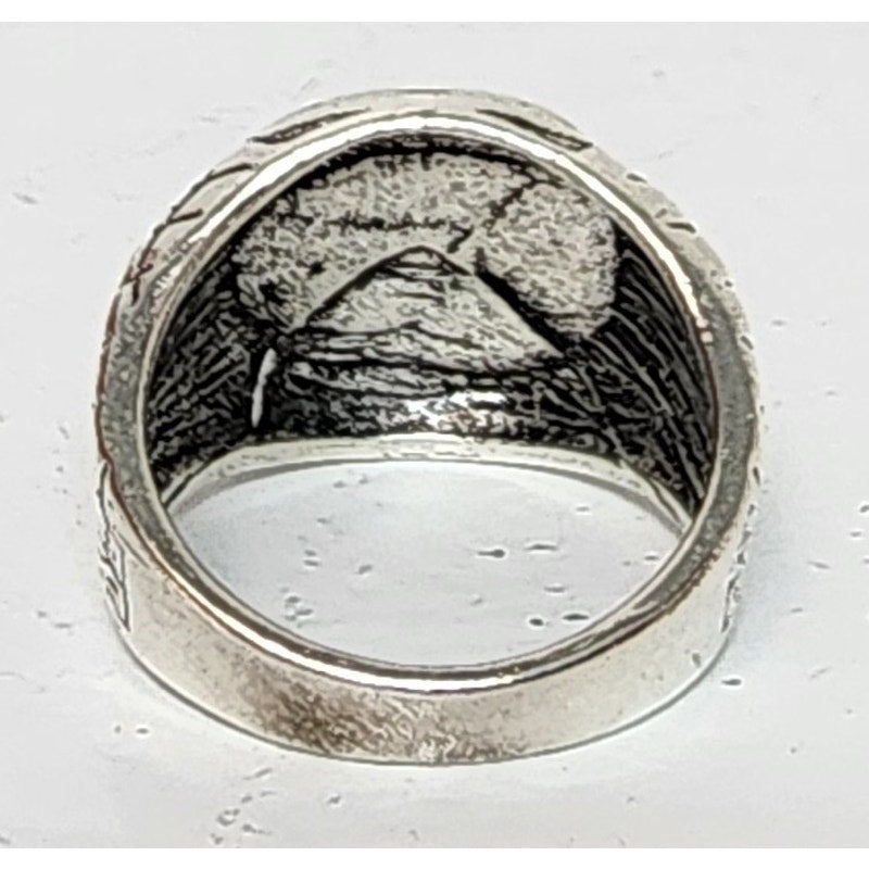 Silver Tone Geometric Ring Size 10.5 with Black Symbolic Design