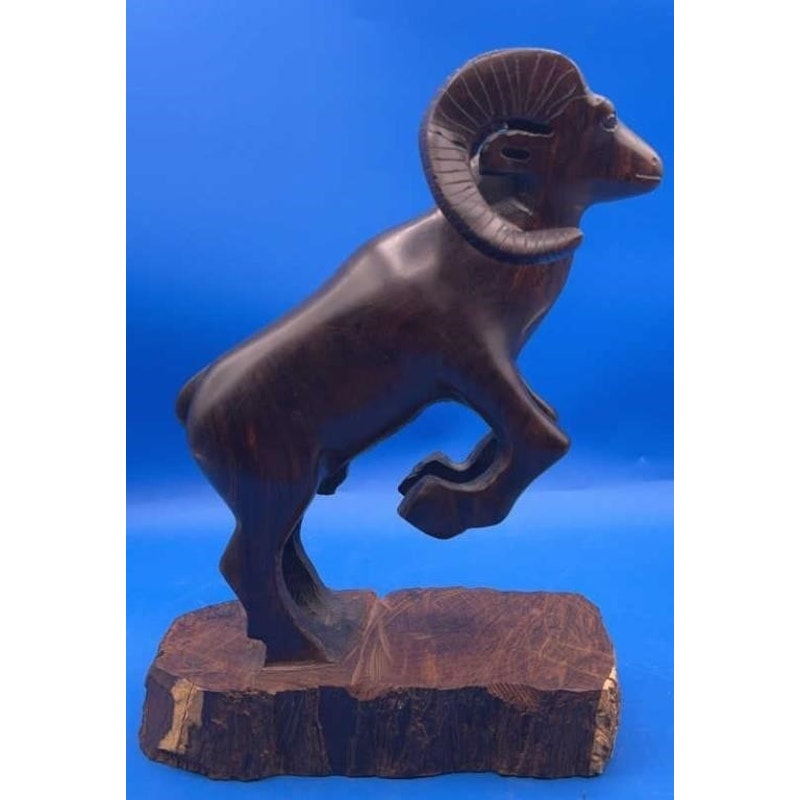 VTG Hand-Carved Solid Wood Ram Sculpture 9.75" Tall Heavy Folk Art Figurine