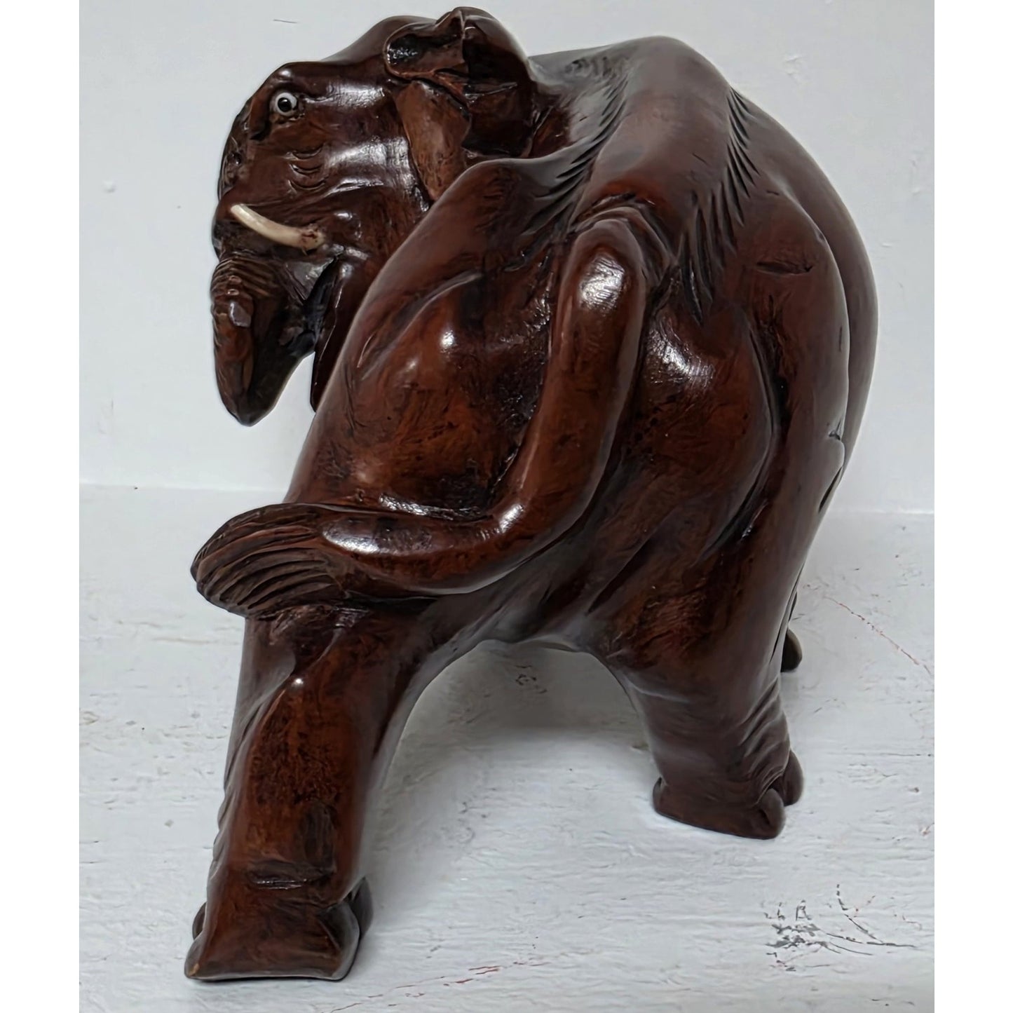 Vintage Hand‑Carved Mahogany Elephant Figurine 6" Wide Solid Wood Sculpture Nice