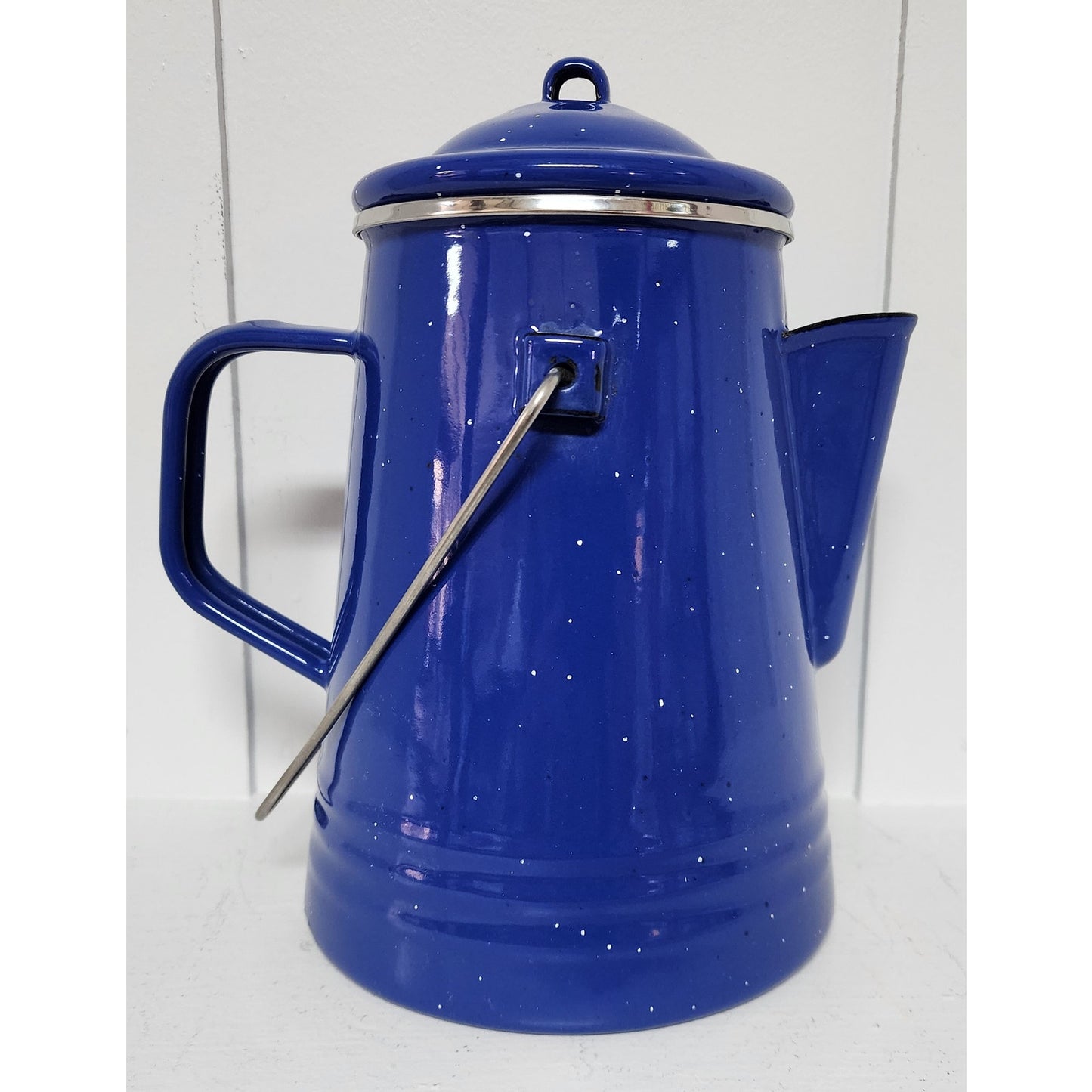 Vintage - Beautiful Blue Speckled Enamelware Water Kettle Pot w/ Handle & Lid