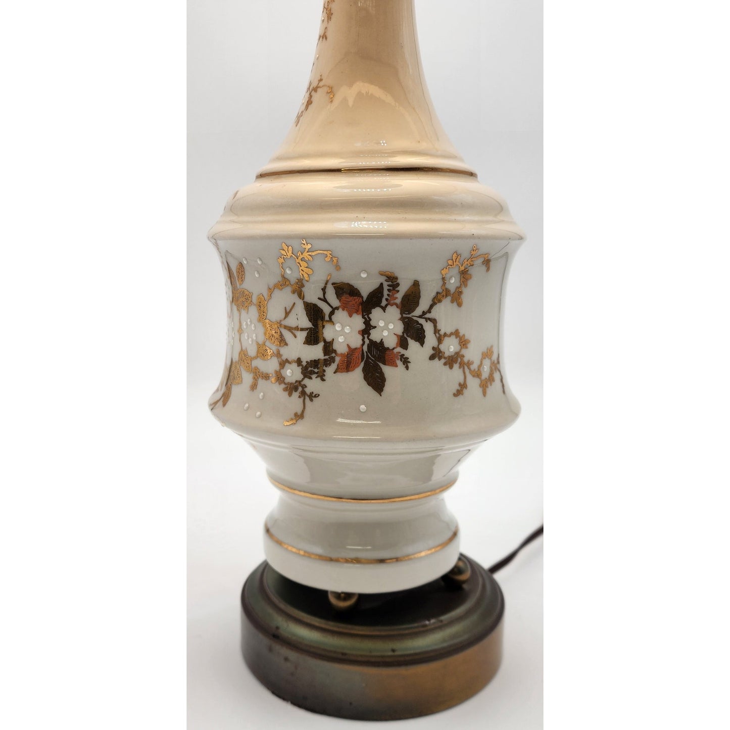 Vintage Asian Ceramic Lamp Gold Floral Relief w/ Tassel Shade 31" Tall Works