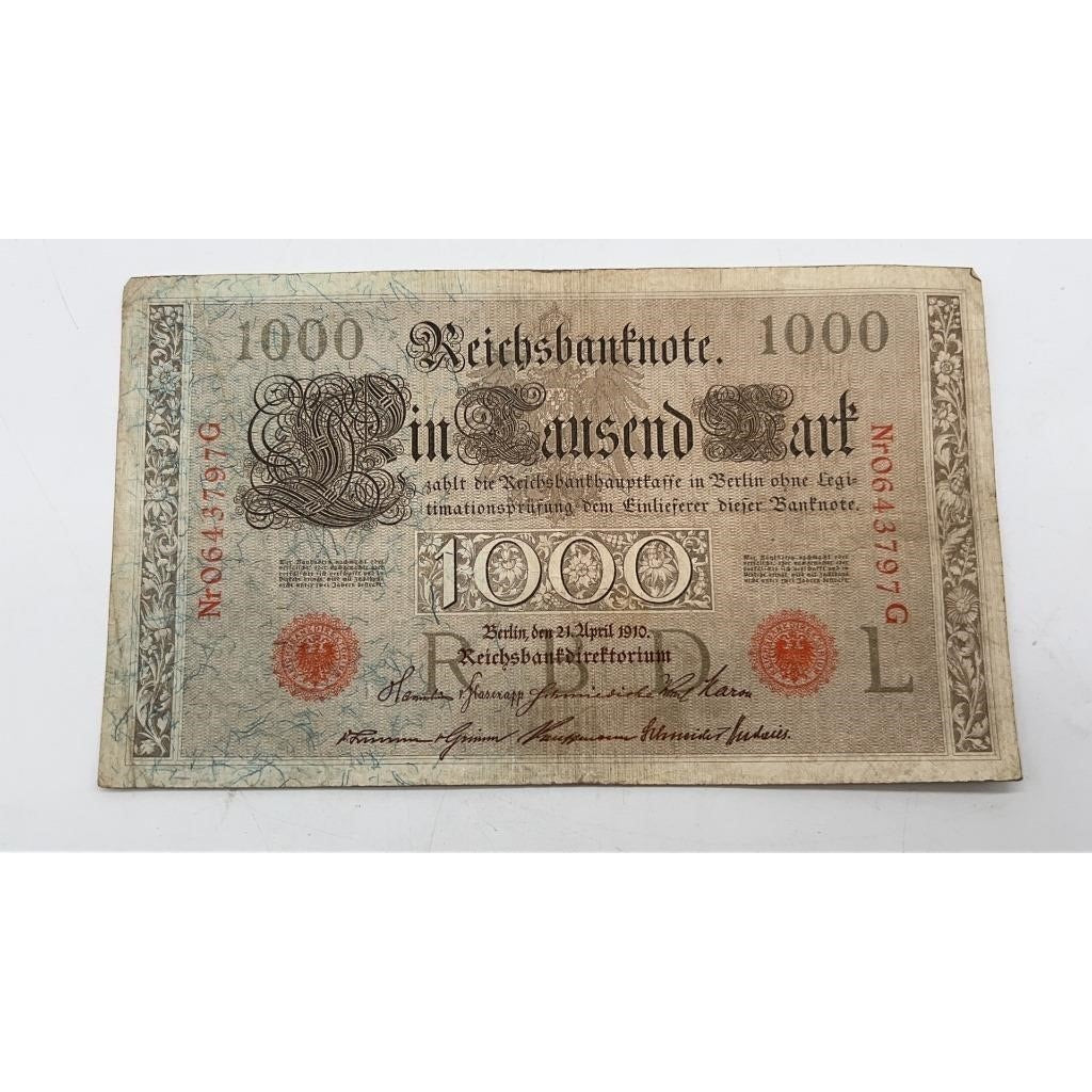 2× 1910 Germany 1000 Mark Reichsbanknote Berlin Red Seal Pre-WWI Rare Pair