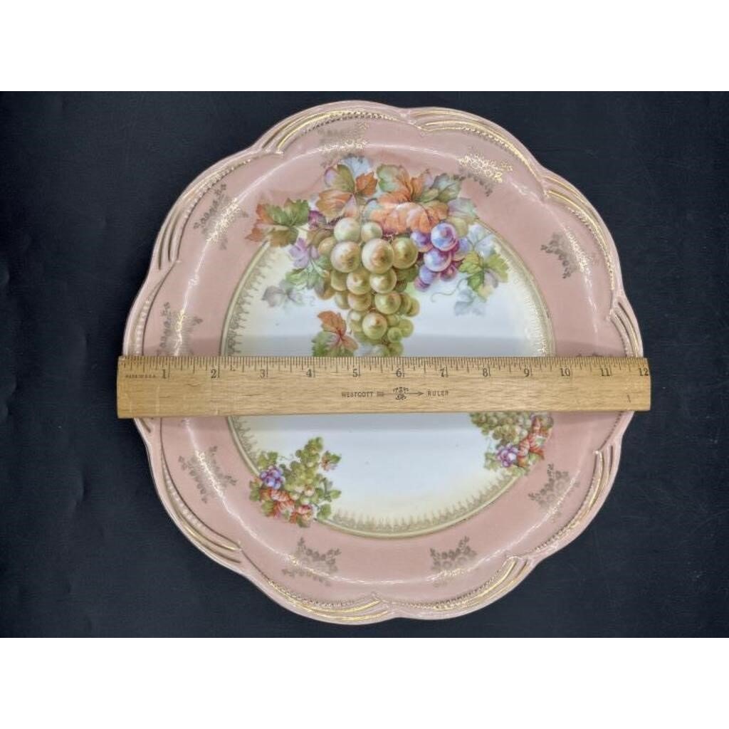 Antique German Porcelain Bowl Grapes Gold Trim Pink Rim Scalloped 12"