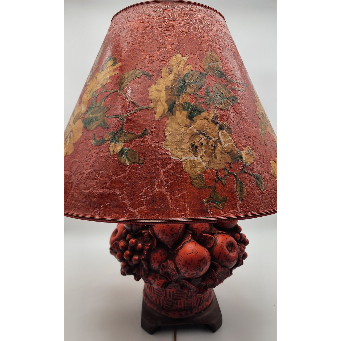 VTG 31" Fruit Basket Table Lamp w/ Floral Shade 42 lb Concrete Body Brass Finial