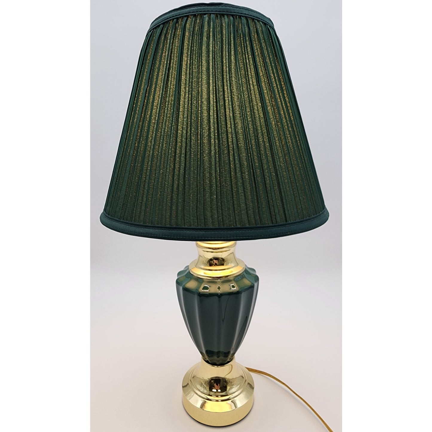 Modern Vintage Forest Green Ceramic & Gold Table Lamp 21" Tall w/ Pleated Shade