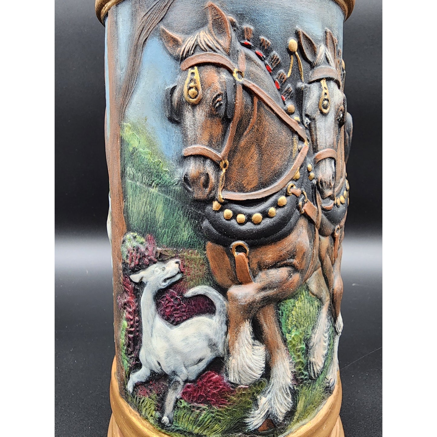Vintage 18.5" German Horse Head Lidded Beer Stein Raised Relief Hand Painted