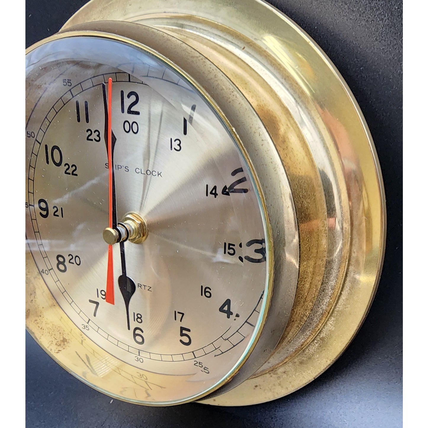 Vintage Lacquered Brass Ship’s Clock – Heavy, Stunning, 24‑Hr Dial, Not Working