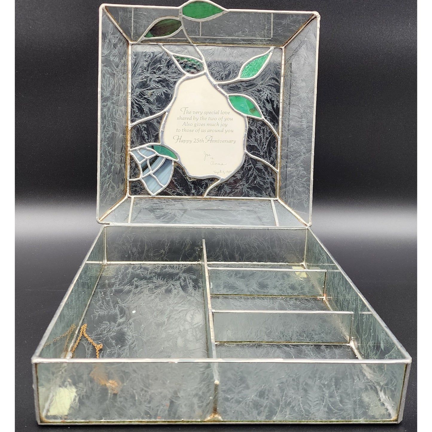 Stained Glass 25th Anniversary Keepsake Box Green Leaves Butterfly 10.75" Heavy