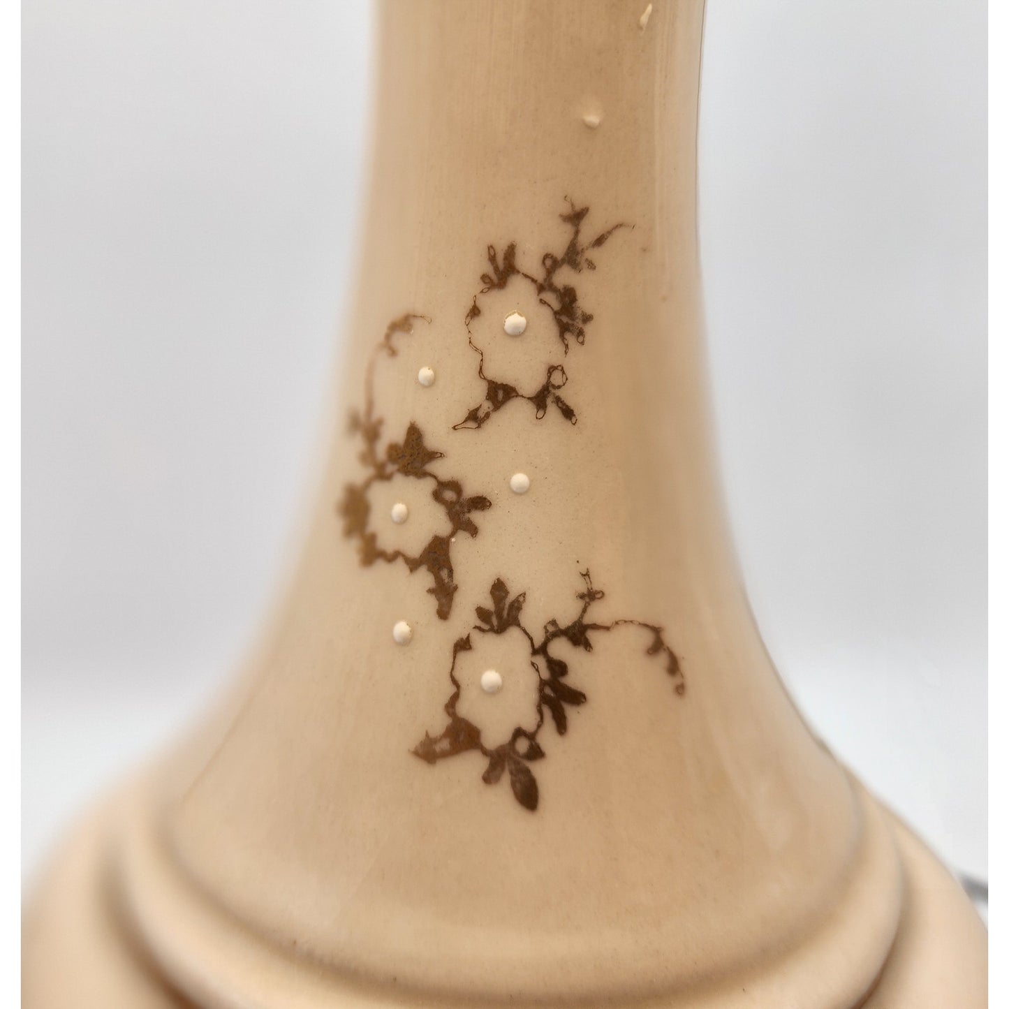 Vintage Asian Ceramic Lamp Gold Floral Relief w/ Tassel Shade 31" Tall Works