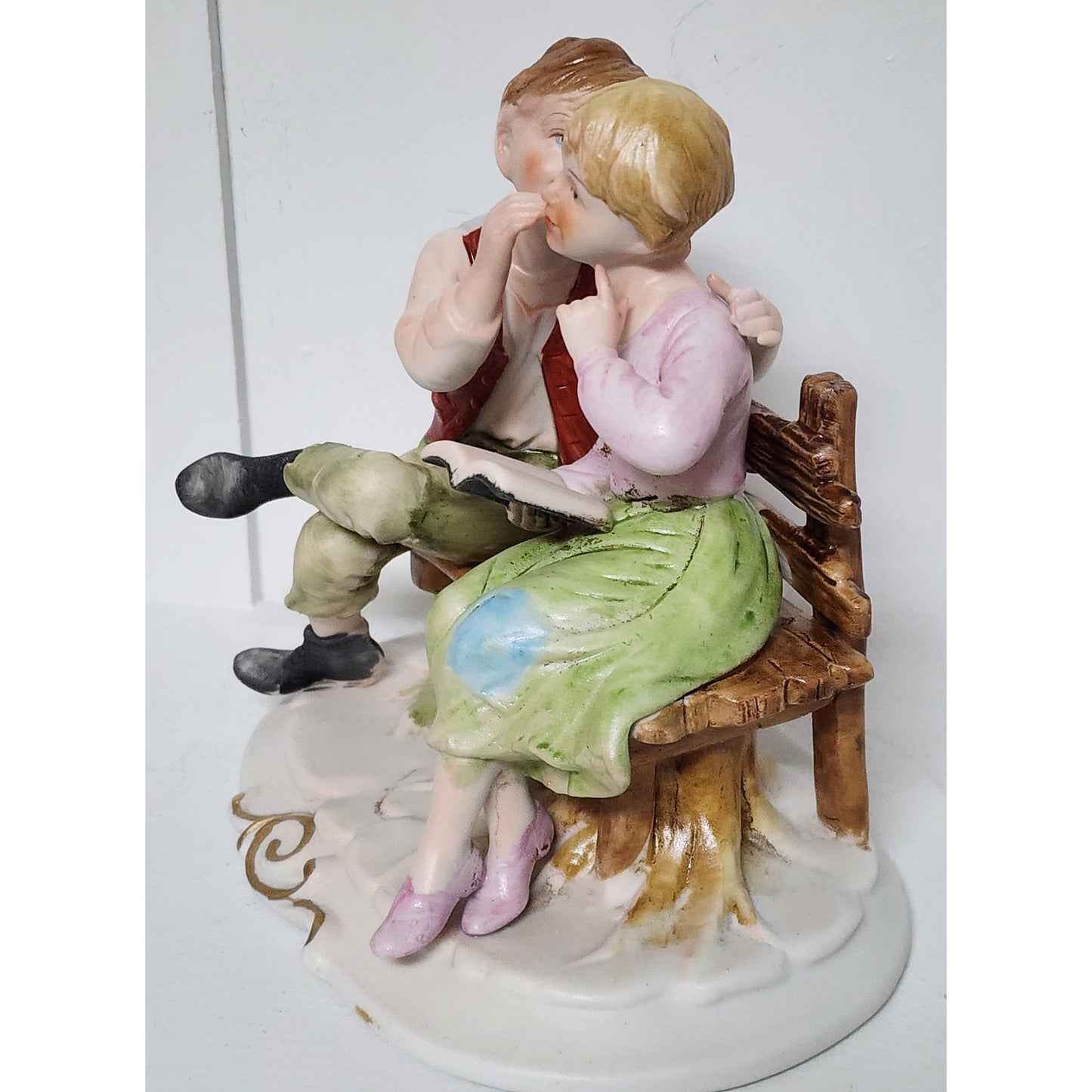 Vintage Boy Whispering to Girl On Bench Figurine Hand Painted on Bench 6"