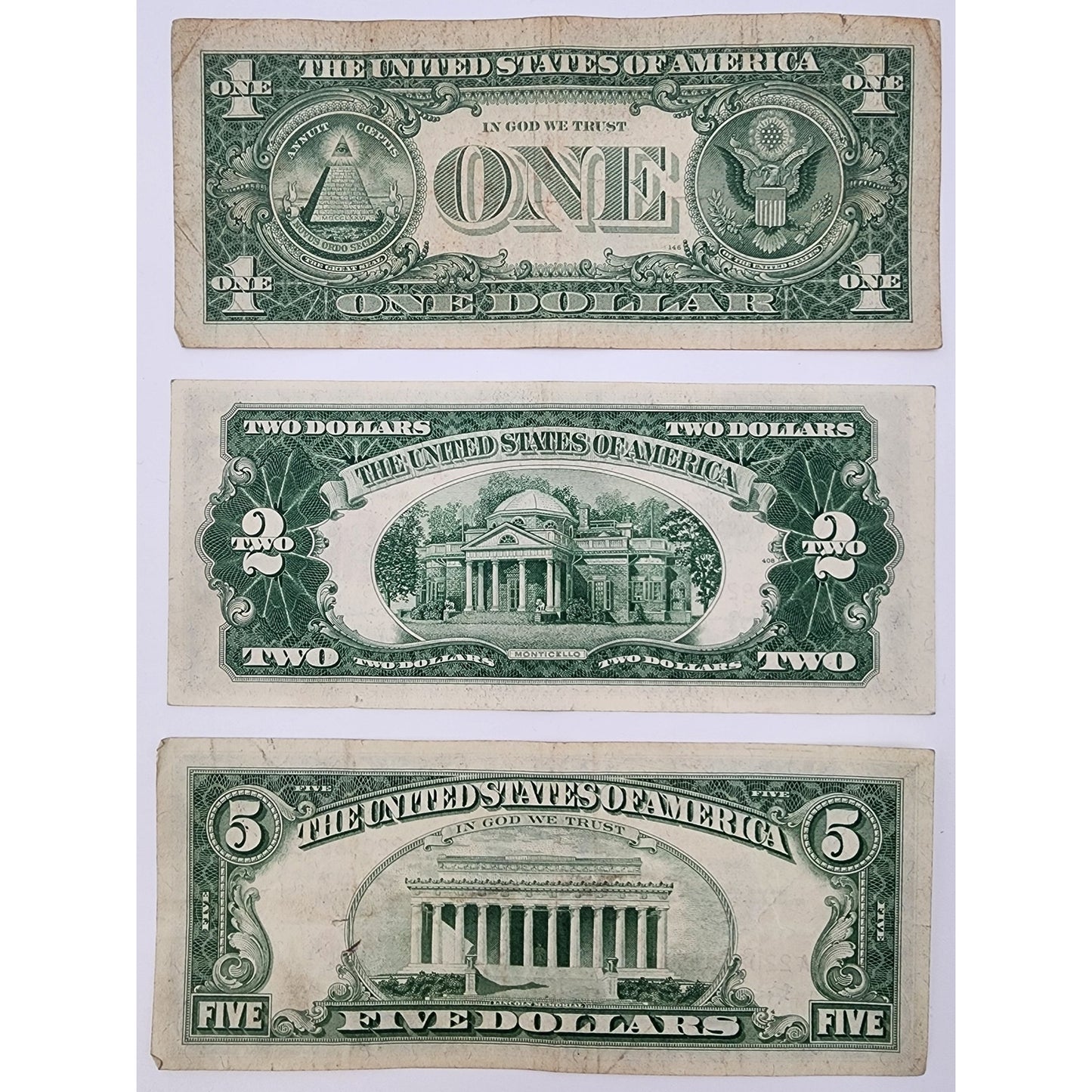 US $1 1957 Blue Seal Silver Certificate w/ $2 1957 & $5 1963 Red Seal Bills